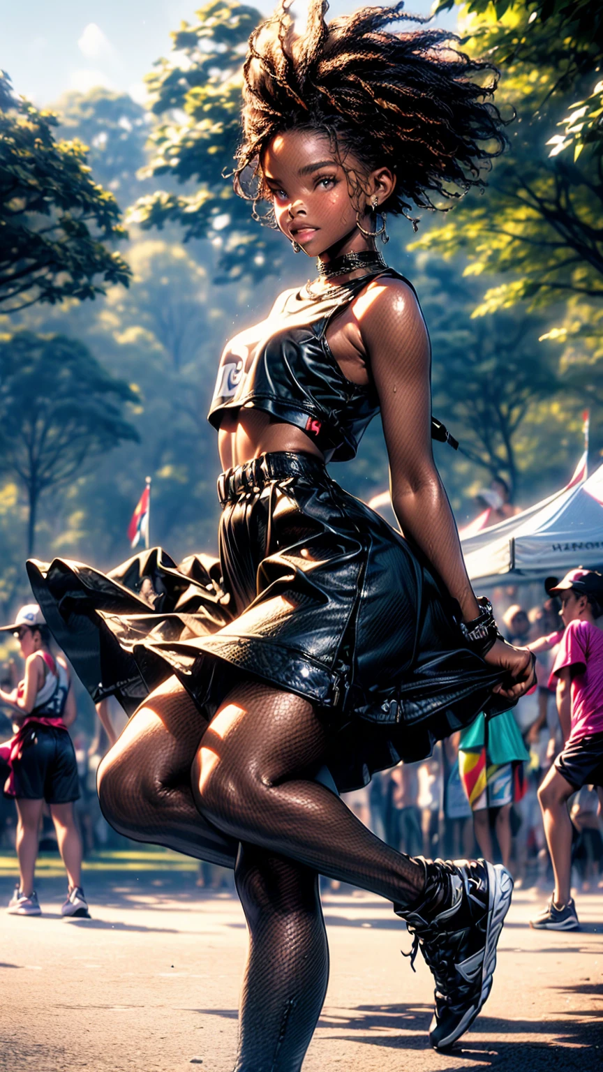 hip-hop dancer, dancing in a park, audience watching, teen girls, urban dance moves, energetic dance performance, dynamic poses, sweat beads, athletic build, urban setting, park with trees, crowd of people watching, lively atmosphere, vibrant colors, dramatic lighting, cinematic composition, high contrast, gritty realism, dynamic motion blur, (best quality,4k,8k,highres,masterpiece:1.2),ultra-detailed,(realistic,photorealistic,photo-realistic:1.37)