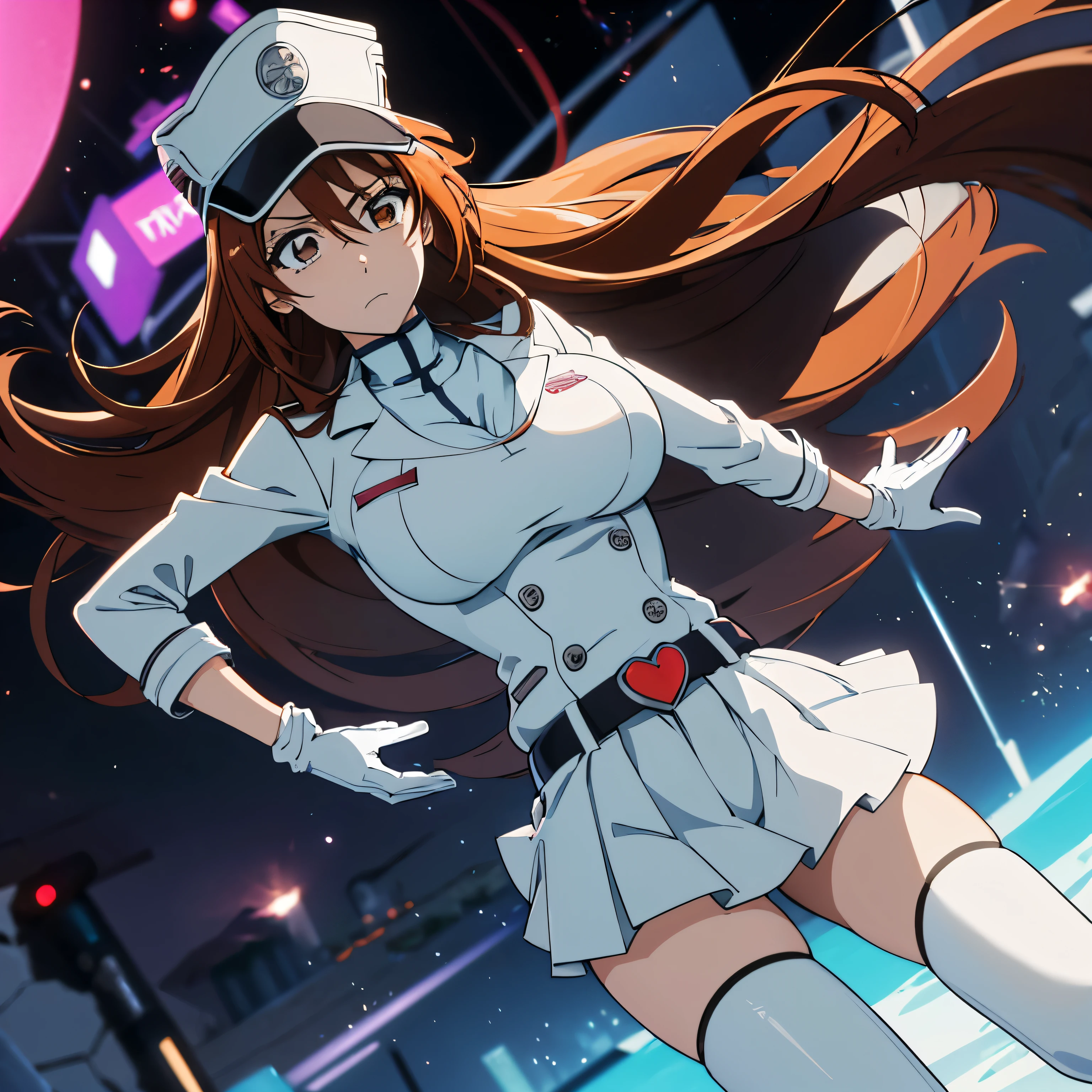 White gloves, red eyes, white jacket, white skirt, best quality, masterpiece, Highly detailed, illustration, absurdres, white military uniform, white uniform, white hat, standing, solo, 1girl, standing at attention, expressionless, blank eyes, looking at viewer, emotionless, corruption, mind control, female combatant, full body, hypnotized, unhappy trance, perfect female body, extremely glossy latex, belt, hypnosis, hypnoLora, empty eyes, Mind control device, thigh high, Bleach, Quincy, thighhighs, tight miniskirt,expressionless, blank eyes, looking at viewer, emotionless,corruption, mind control, female combatant, hypnotized, unhappy trance, obey, perfect female body, hypnosis, hypnoLora, empty eyes, Mind control device, Slave, hat, dark persona, (((pixel-perfect, detail-perfect))), solo, 1girl, hair ornament, inoue orihime, long hair, orange hair, (grey eyes:1.5), large breast, huge breast