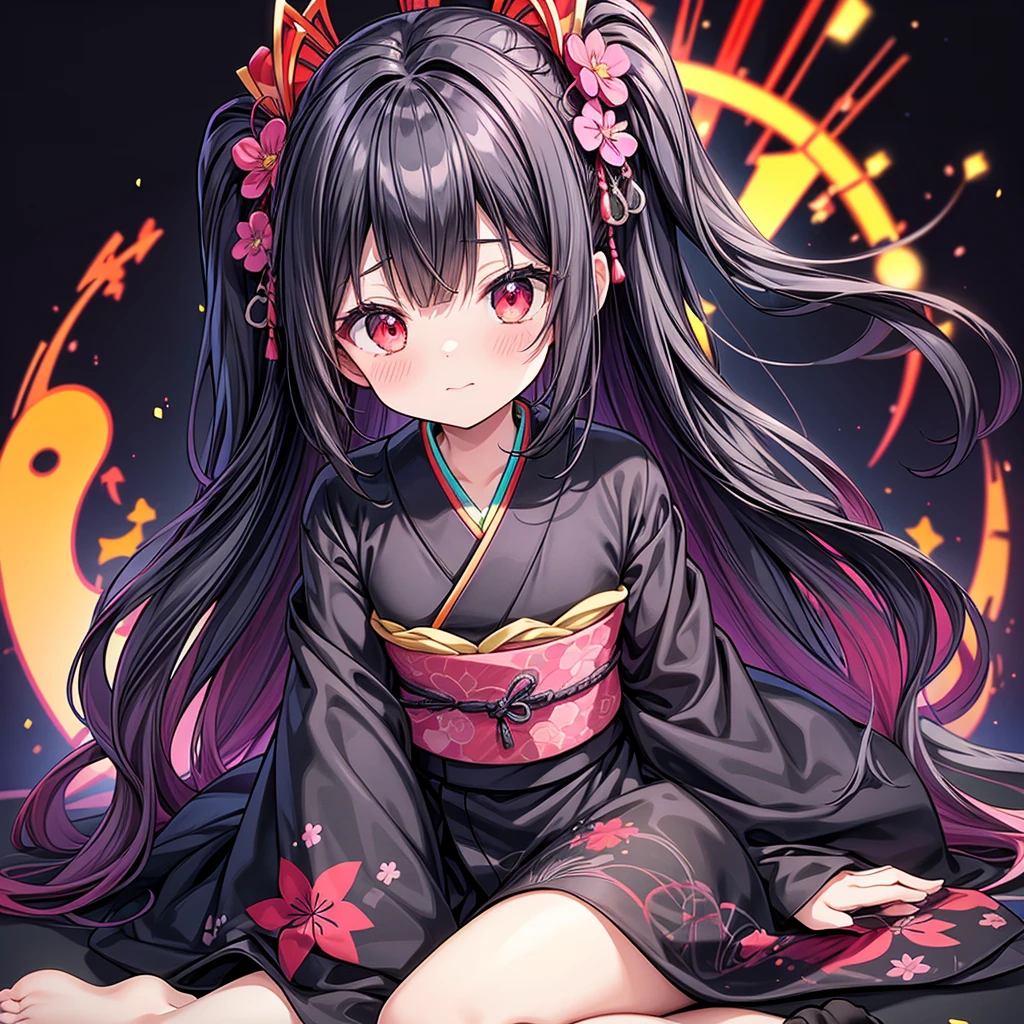 score_9, source_anime, anime_coloring, anime_screencap, 1girl, solo, black kimono \(glowing colorful rainbow zen tangle patterned\), black longhair, hime cut, long hair, sitting, wariza, leaning forward, holding gorgeous Japanese folding fan, sensu, slant red eyes, tsurime, soft smile, sword dance, head tilt, upper body, dark black background, simple background