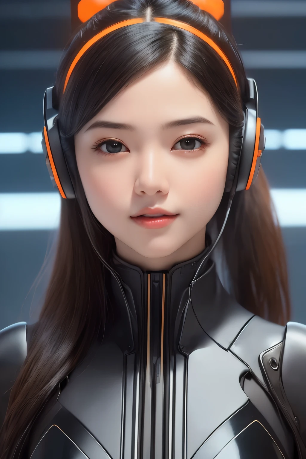 Top Quality, Masterpiece, Ultra High Resolution, (Photorealistic: 1.4), Raw Photo, 1 Girl, Black Hair, Glossy Skin, 1 Mechanical Girl, (((Ultra Realistic Details)), Portrait, Global Illumination, Shadows, Octane Rendering, 8K, Ultra Sharp, Intricate Ornaments Details, realistic skin, sweat effect, ((wearing Headphone)), very intricate detail, realistic light, CGSoation trend, brown eyes, glowing eyes, matte black and glossy orange mechanical bodysuit, Long hair, black hair, Ponytail hair, Half body shot, spaceship bridge background, dynamic pose, cute smile, close up, Open Mouth, facing audience