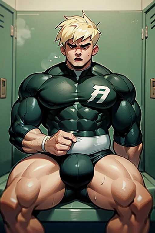 Danny Fenton in a steam-filled locker room sitting on a wooden bench with brainwashed football jocks sitting on either side of him as he struggles not to be brainwashed as he is assimilated into their team. Breathing in hypnotic gas. Turning into stereotypical football jock just like Dash Baxter. Black hair partially turned blonde. hyper muscles. Big biceps. Big triceps. Big traps. big lats. big deltoids. Big meaty pecs. Swollen hyper crotch bulge. Tenting crotch. Open mouth. Mindless blank stare. IQ drain. Dumber and dumber. big dumb jock. Jock assimilation. Hypnosis. Hypnotic trance. Brainwashing. Brainwashed. Hypnotized. Entranced. Jock assimilation. Jock conversion. Meathead. Musclehead. Brute. Bro. "Feeling ... kinda funny, like ... like my head is ... empty ... No thoughts, just ... just..... NO! Focus, Danny! I have to resist. Have to ... break free.... Have to ... have to..... I ... m-must.... I ... must...." Speaking in a dull monotone as he falls into trance. "Listen, ... repeat, ... conform, ... obey...." Speaking in unison with the other jocks in the locker room. "I ... I am sweaty. ... I am horny. ... I am sexy. ... I am dumb.... I'm just a mindless.... I'm just an empty, ... stupid, ... strong jock.... We are sweaty. ... We are horny. We are sexy. ... We are dumb. We are just mindless. We are just empty, ... stupid, ... strong jocks.... We are sweaty...." Repeating over and over. Football uniform. Cleats. Shoulder pads. Jockstrap. Football team assimilation. Jock assimilation. Brain drain. Stubble on cheeks and jaw.