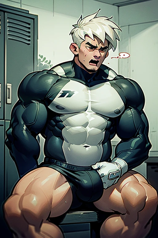 Danny Fenton in a steam-filled locker room sitting on a wooden bench with brainwashed football jocks sitting on either side of him as he struggles not to be brainwashed as he is assimilated into their team. Breathing in hypnotic gas. Turning into stereotypical football jock just like Dash Baxter. Black hair partially turned blonde. hyper muscles. Big biceps. Big triceps. Big traps. big lats. big deltoids. Big meaty pecs. Swollen hyper crotch bulge. Tenting crotch. Open mouth. Mindless blank stare. IQ drain. Dumber and dumber. big dumb jock. Jock assimilation. Hypnosis. Hypnotic trance. Brainwashing. Brainwashed. Hypnotized. Entranced. Jock assimilation. Jock conversion. Meathead. Musclehead. Brute. Bro. "Feeling ... kinda funny, like ... like my head is ... empty ... No thoughts, just ... just..... NO! Focus, Danny! I have to resist. Have to ... break free.... Have to ... have to..... I ... m-must.... I ... must...." Speaking in a dull monotone as he falls into trance. "Listen, ... repeat, ... conform, ... obey...." Speaking in unison with the other jocks in the locker room. "I ... I am sweaty. ... I am horny. ... I am sexy. ... I am dumb.... I'm just a mindless.... I'm just an empty, ... stupid, ... strong jock.... We are sweaty. ... We are horny. We are sexy. ... We are dumb. We are just mindless. We are just empty, ... stupid, ... strong jocks.... We are sweaty...." Repeating over and over. Football uniform. Cleats. Shoulder pads. Jockstrap. Football team assimilation. Jock assimilation. Brain drain. Stubble on cheeks and jaw.