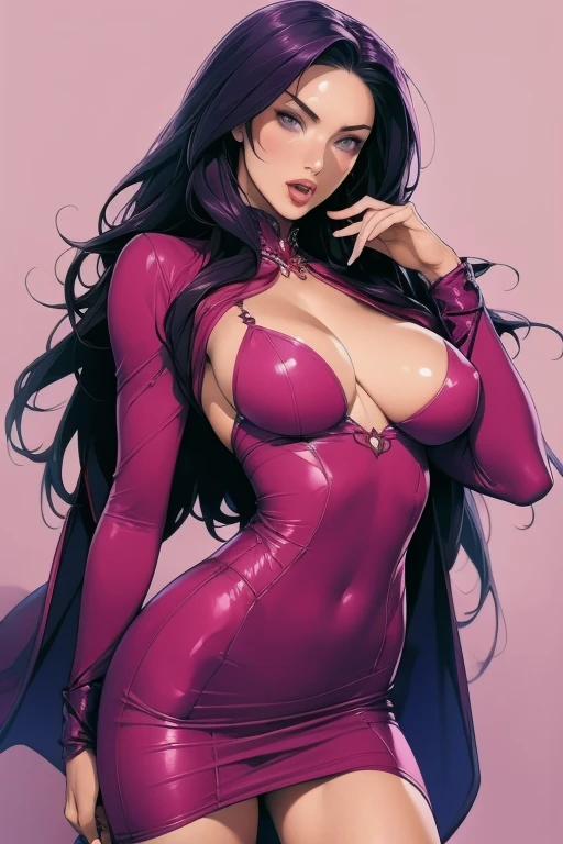 Megan Fox as vampire, magenta_dress, V_neckline, long_sleeved