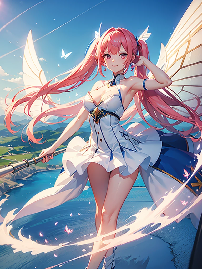 blue sky,((giant windmill)),a girl,Elf,Pink hair,long twintails,Red eyes,Sweet smile,white fashion clothing,Bare shoulders,((Wind flow)),((elegant clothes)),((transparent)),Butterfly wings,side,((dynamic poses)),twinkling,((Super detailed)),Rendering,movie lighting effects,best picture