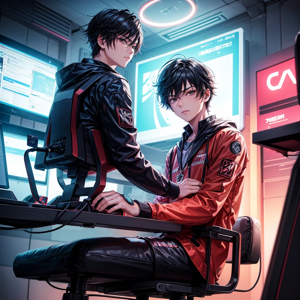 The image represents a young man in anime style, sitting on a gaming chair at a computer. Written on the chair in neon color "Fanikeers". There are machine guns in the room, and the lighting is red. Young man looking at the computer, sitting like this, so that only his back is visible.