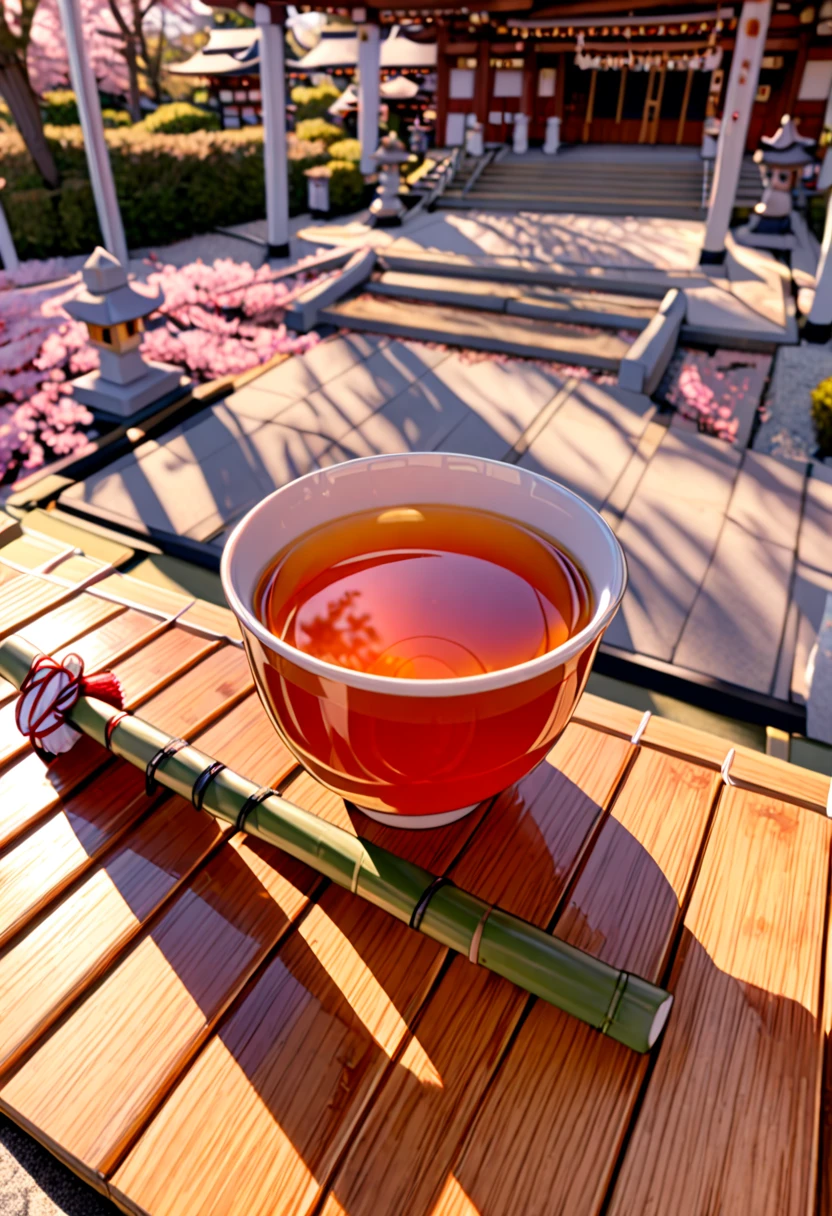 8K Ultra High-Quality, ultra-detailed, High quality, Nakiri Ayame, white horns, holding a cup, japanese tea, kneeling on bamboo mat, sakura trees, shrine background, close up, sun setting