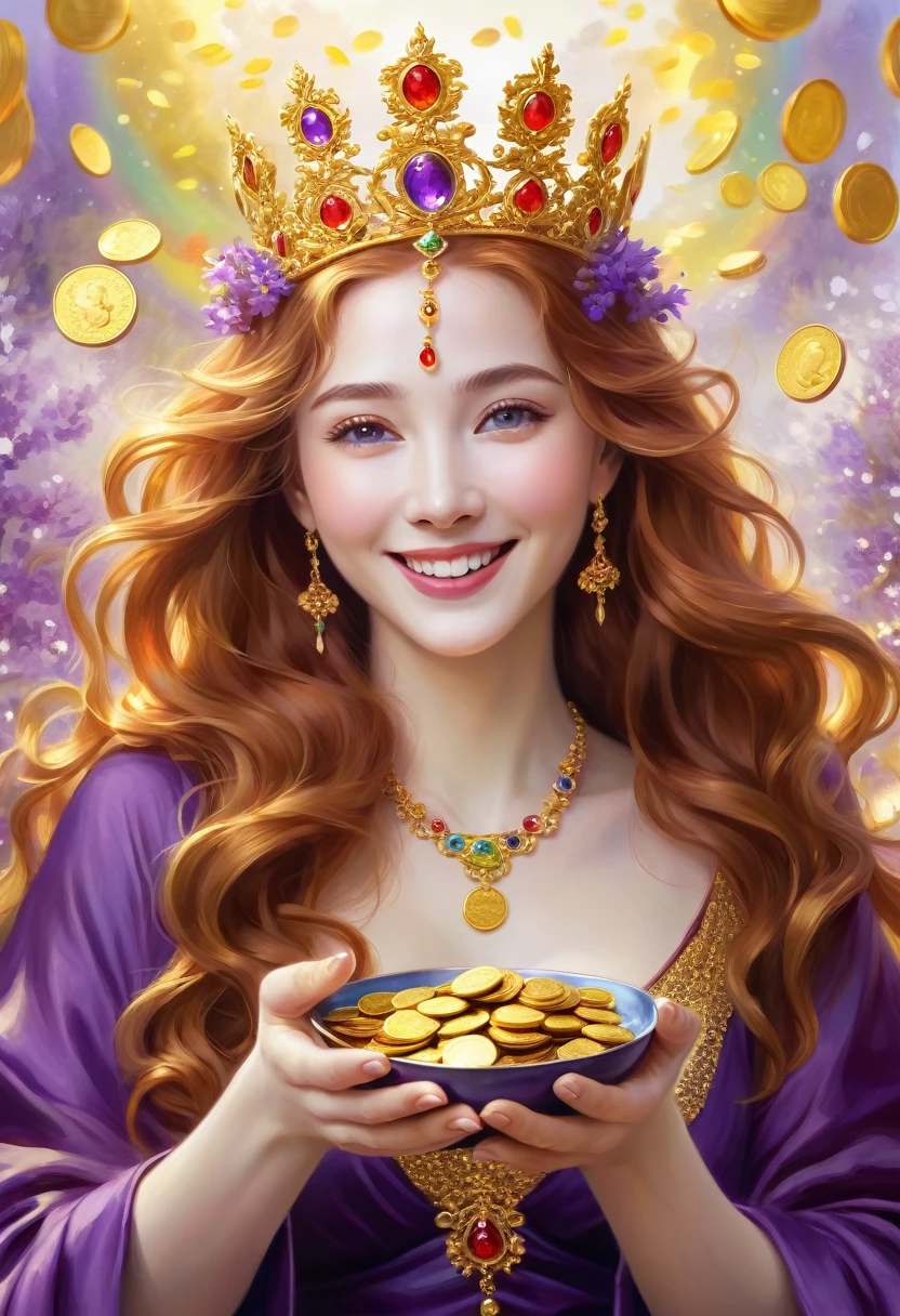 Like a Renoir painting. natural appearance. A goddess with long red wavy hair hands out gold coins to people and the people are happy. She smiles at people with her wise and compassionate eyes. She smiles sweetly, wears a jeweled crown and deep purple robes. Her aura shines golden and has an overwhelming presence. A symbol of beauty. Abundance surrounded by gold coins. The background is white and gold with soft and gentle light. rainbow light