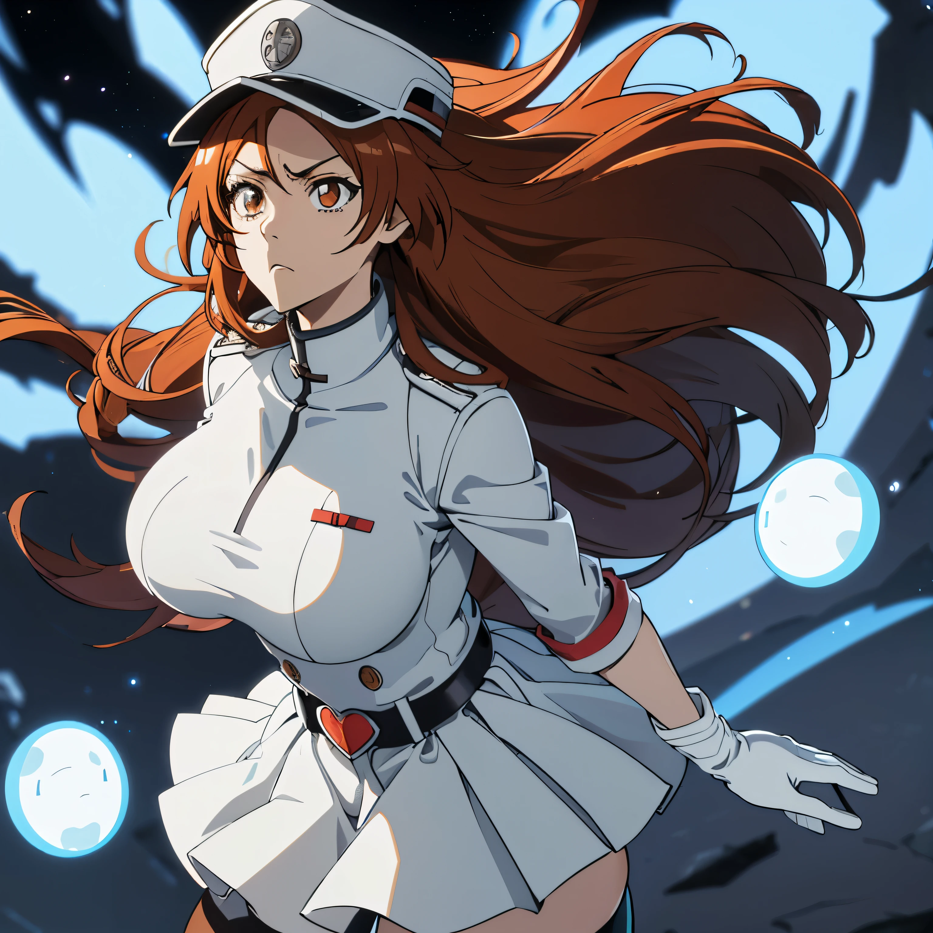 White gloves, red eyes, white jacket, white skirt, best quality, masterpiece, Highly detailed, illustration, absurdres, white military uniform, white uniform, white hat, standing, solo, 1girl, standing at attention, expressionless, blank eyes, looking at viewer, emotionless, corruption, mind control, female combatant, full body, hypnotized, unhappy trance, perfect female body, extremely glossy latex, belt, hypnosis, hypnoLora, empty eyes, Mind control device, thigh high, Bleach, Quincy, thighhighs, tight miniskirt,expressionless, blank eyes, looking at viewer, emotionless,corruption, mind control, female combatant, hypnotized, unhappy trance, obey, perfect female body, hypnosis, hypnoLora, empty eyes, Mind control device, Slave, hat, dark persona, (((pixel-perfect, detail-perfect))), solo, 1girl, hair ornament, inoue orihime, long hair, orange hair, (grey eyes:1.5), large breast, huge breast