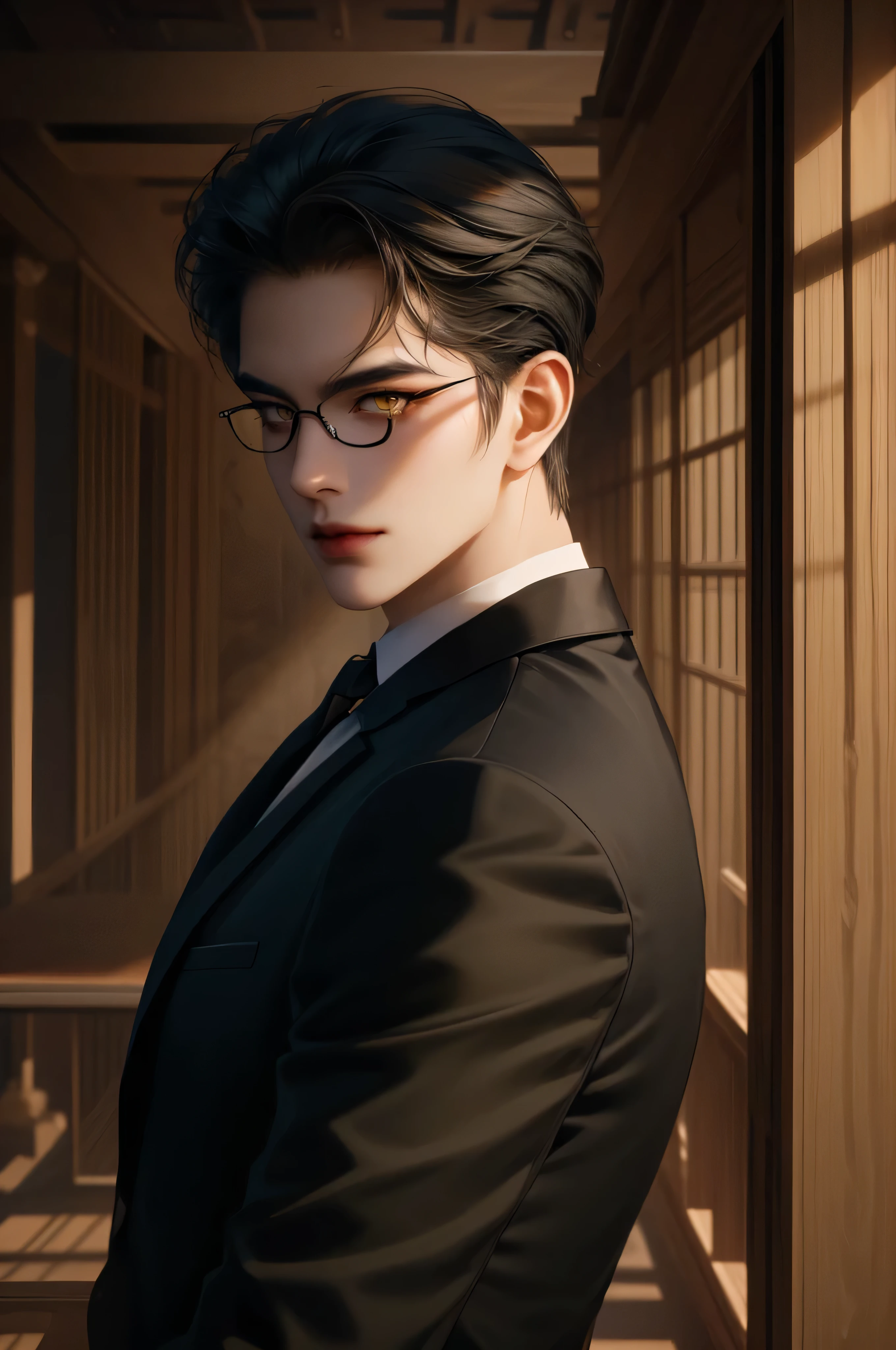 (masterpiece,best quality,ultra_detailed,highres,absurdres) (detailed shadow) (quality light),1 mature male, 21 years old, korean male focus, solo, mid-length black hair, (yellow eyes), ancient temple background, full body, looking at viewer, parted lips, round eyewear, (wearing black suit with tie), (wearing thin glasses), showing a bit of muscles, devilish smirk face, one gigantic wing on the back