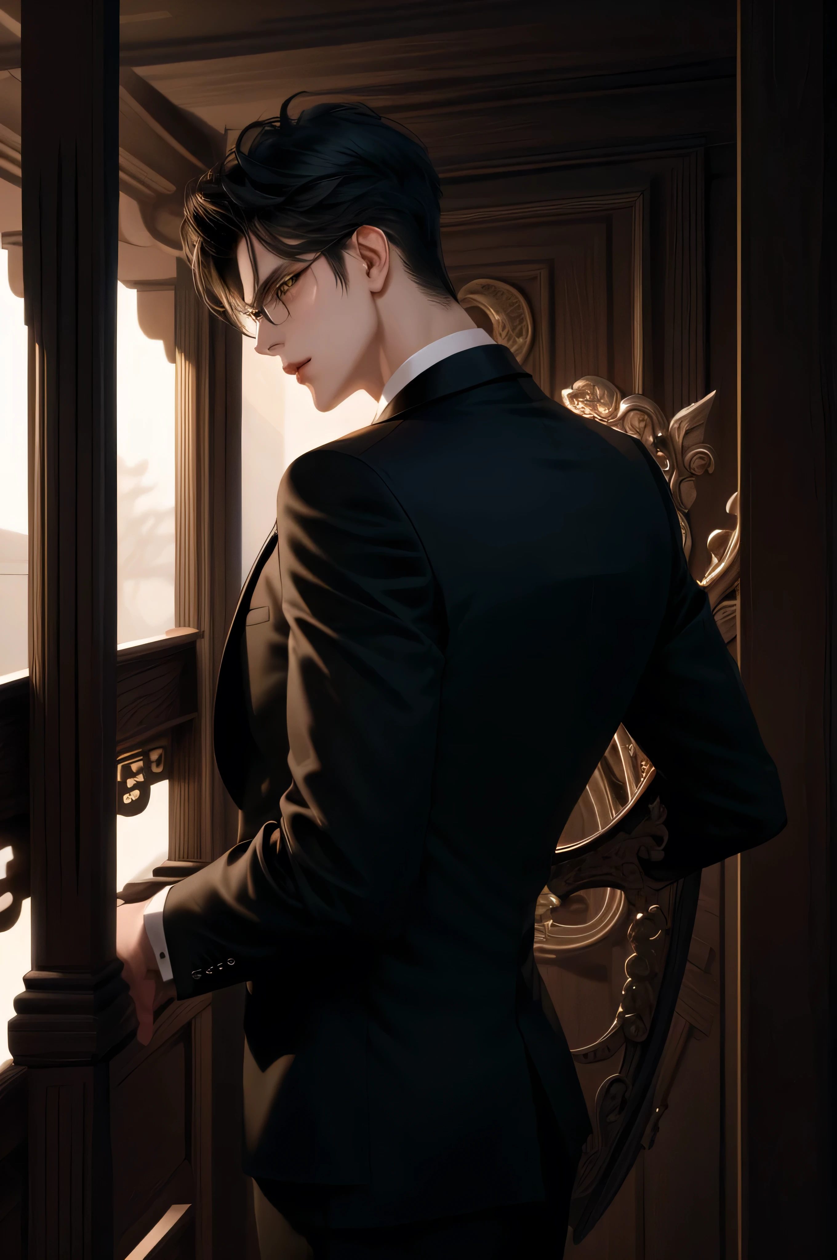 (masterpiece,best quality,ultra_detailed,highres,absurdres) (detailed shadow) (quality light),1 mature male, 21 years old, korean male focus, solo, mid-length black hair, (yellow eyes), ancient temple background, full body, looking at viewer, parted lips, round eyewear, (wearing black suit with tie), (wearing thin glasses), showing a bit of muscles, devilish smirk face, one gigantic wing on the back