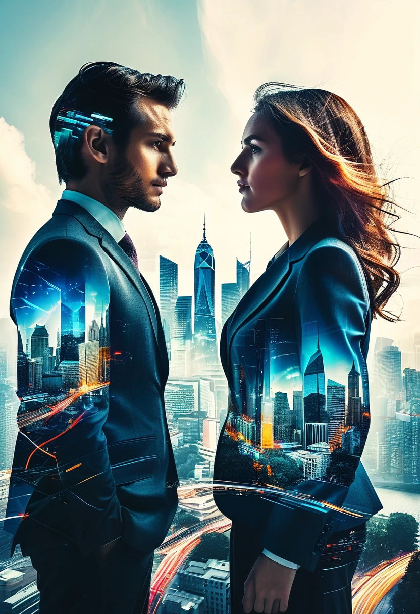 (Create a double exposure image that combines two distinct scenes:1) A Caucasian man and a woman, both dressed in business attire, standing side by side and looking away from the camera towards a vivid cityscape. Their backs are turned towards us, symbolizing their focus on the future of their business.2) A vivid display of business charts, graphs, statistics and symbols of innovation intertwined with the cityscape. Make the business elements appear transparent and seamlessly blend with the cityscape to evoke the concept of their thoughts, strategies, and aspirations being intertwined with the city they're planning to conquer.