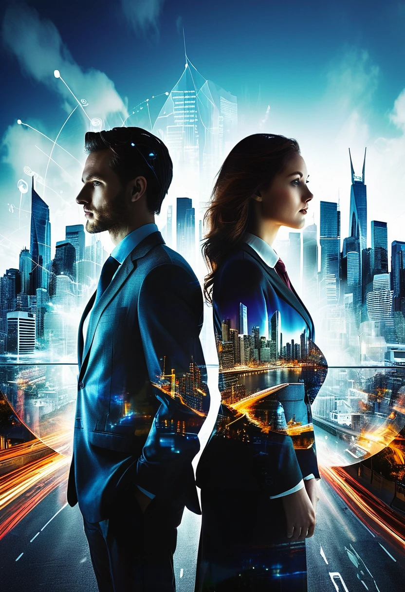 (Create a double exposure image that combines two distinct scenes:1) A Caucasian man and a woman, both dressed in business attire, standing side by side and looking away from the camera towards a vivid cityscape. Their backs are turned towards us, symbolizing their focus on the future of their business.2) A vivid display of business charts, graphs, statistics and symbols of innovation intertwined with the cityscape. Make the business elements appear transparent and seamlessly blend with the cityscape to evoke the concept of their thoughts, strategies, and aspirations being intertwined with the city they're planning to conquer.