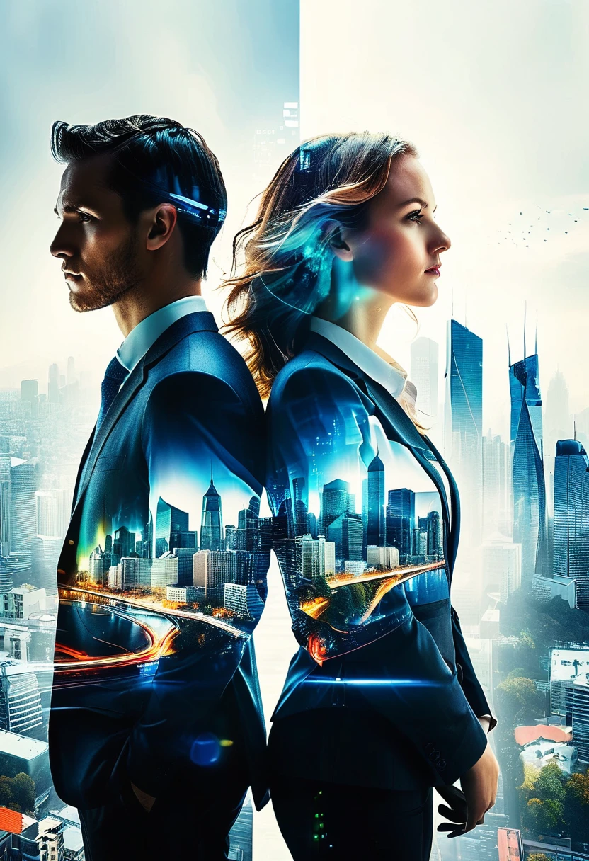 (Create a double exposure image that combines two distinct scenes:1) A Caucasian man and a woman, both dressed in business attire, standing side by side and looking away from the camera towards a vivid cityscape. Their backs are turned towards us, symbolizing their focus on the future of their business.2) A vivid display of business charts, graphs, statistics and symbols of innovation intertwined with the cityscape. Make the business elements appear transparent and seamlessly blend with the cityscape to evoke the concept of their thoughts, strategies, and aspirations being intertwined with the city they're planning to conquer.