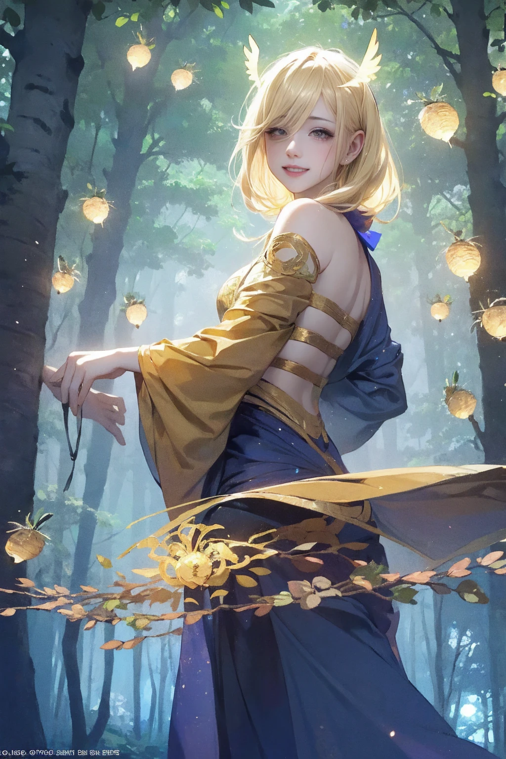 1 girl, ,,Simple smile, High-definition images, A woman, Her hair is decorated with glowing fireflies, There is a charming light in the eyes. Wearing a robe woven from moonlight, She stood in a mysterious forest,The trees come alive. on site, Bathed in the ethereal light of fireflies, Captured in an enchanted forest art style., (masterpiece, best quality, Official Art,Intricate details:1.2),Bikini,underwear,,Ketone bodies are looming