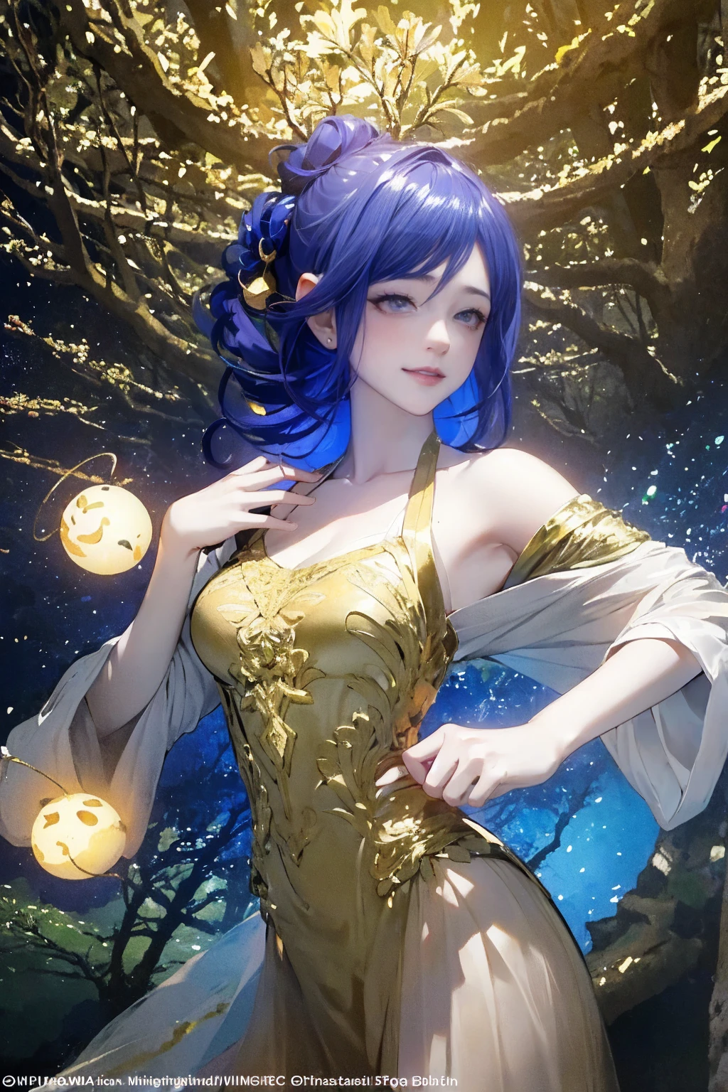 1 girl, ,,Simple smile, High-definition images, A woman, Her hair is decorated with glowing fireflies, There is a charming light in the eyes. Wearing a robe woven from moonlight, She stood in a mysterious forest,The trees come alive. on site, Bathed in the ethereal light of fireflies, Captured in an enchanted forest art style., (masterpiece, best quality, Official Art,Intricate details:1.2),Bikini,underwear,,Ketone bodies are looming