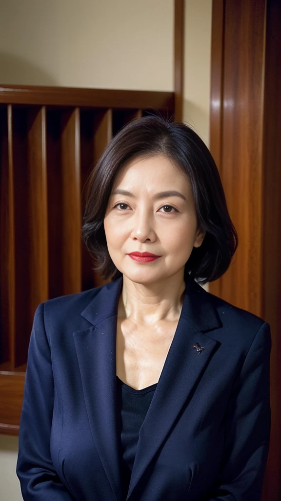 Masterpiece, ((Great focus)), gravure, 32K, Beautiful finish, Japanese, Beautiful mature woman、65-year-old woman、Photo of your ID、Big Breasts, Red lips, Thin lips, business suit、Round 1, Light from the front,