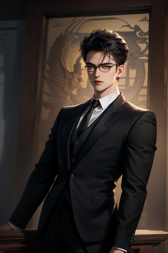 (masterpiece,best quality,ultra_detailed,highres,absurdres) (detailed shadow) (quality light),1 mature male, 21 years old, korean male focus, solo, mid-length black hair, (yellow eyes), ancient temple background, full body, looking at viewer, parted lips, round eyewear, (wearing black suit with tie), (wearing thin glasses), showing a bit of muscles, devilish smirk face, has one gigantic wing at left arm