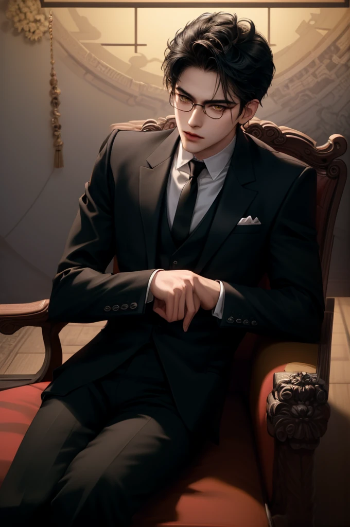 (masterpiece,best quality,ultra_detailed,highres,absurdres) (detailed shadow) (quality light),1 mature male, 21 years old, korean male focus, solo, mid-length black hair, (yellow eyes), ancient temple background, full body, looking at viewer, parted lips, round eyewear, (wearing black suit with tie), (wearing thin glasses), showing a bit of muscles, devilish smirk face, has one gigantic wing at left arm