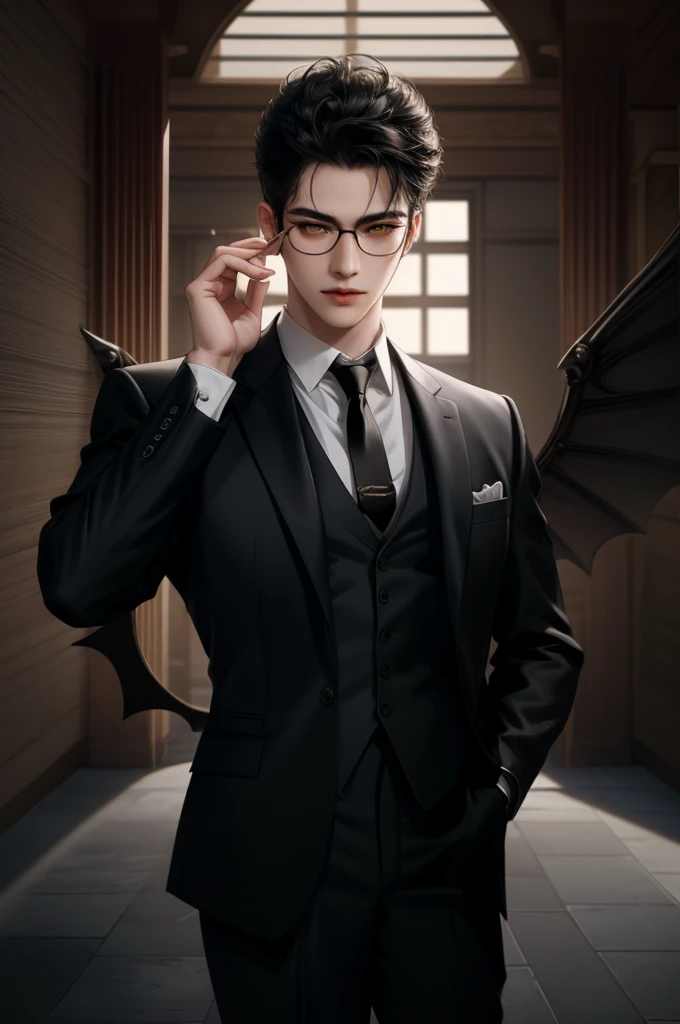 (masterpiece,best quality,ultra_detailed,highres,absurdres) (detailed shadow) (quality light),1 mature male, 21 years old, korean male focus, solo, mid-length black hair, (yellow eyes), ancient temple background, full body, looking at viewer, parted lips, round eyewear, (wearing black suit with tie), (wearing thin glasses), showing a bit of muscles, devilish smirk face, has one gigantic wing at left arm