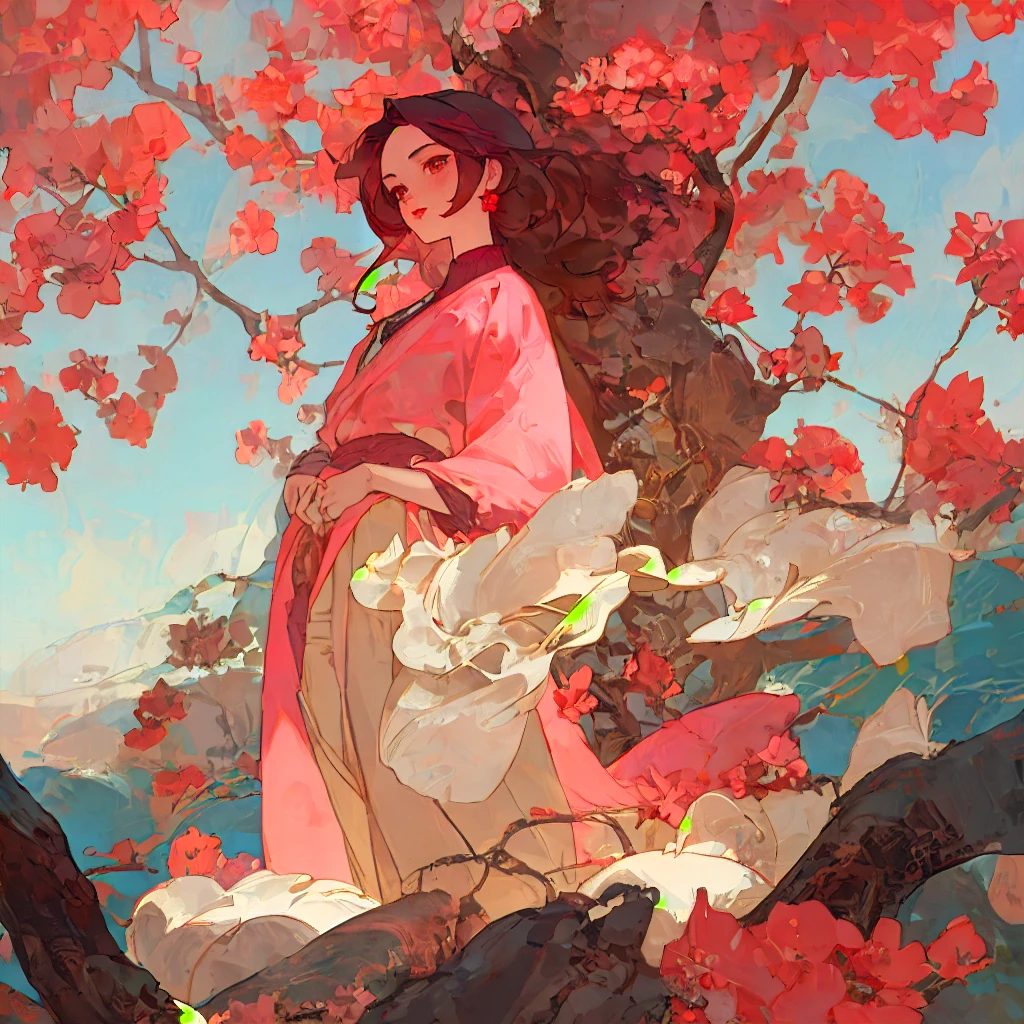 A beautiful anime girl in a pink sari, standing with a pretty pose, detailed face with beautiful dark red eyes, red lips with red lipstick, slightly brown hair with highlights and a pink flower on her ear, in front of red flowers on a tree with an open sky with clouds in the background, highly detailed, intricate anime style illustration, best quality, ultra-highres, 8k