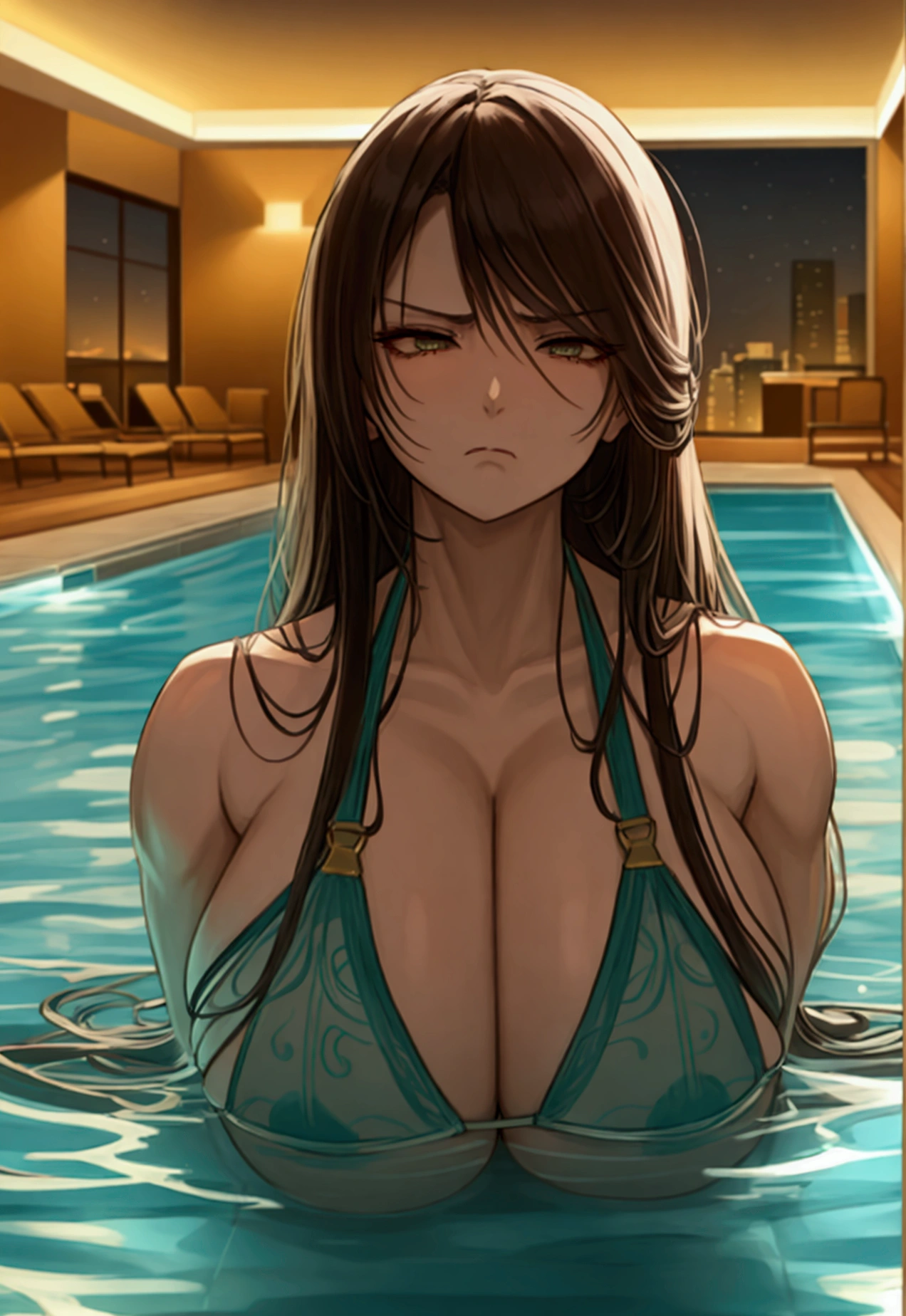 bikini, long hair, massive breasts, athletic, annoyed, indoor pool, night