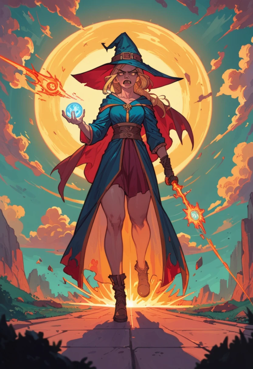  blonde girl , normal clothes , demigod , daughter of the sun , powerful , whole body , big tits , spell , angry , witch 