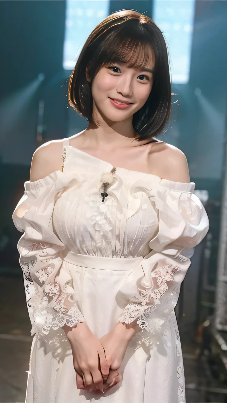 (8k、RAW Photos、Highest quality、masterpiece:1.2)、(Realistic、Realistic)、1 girl、((White off-the-shoulder dress、on stage、Get noticed、Short Bob、View from the front、smile、Looking into the camera 、smile、Full body photo:1.5))、cute、Large Breasts、Sing with a microphone、dance、((The skirt flutters in the wind))