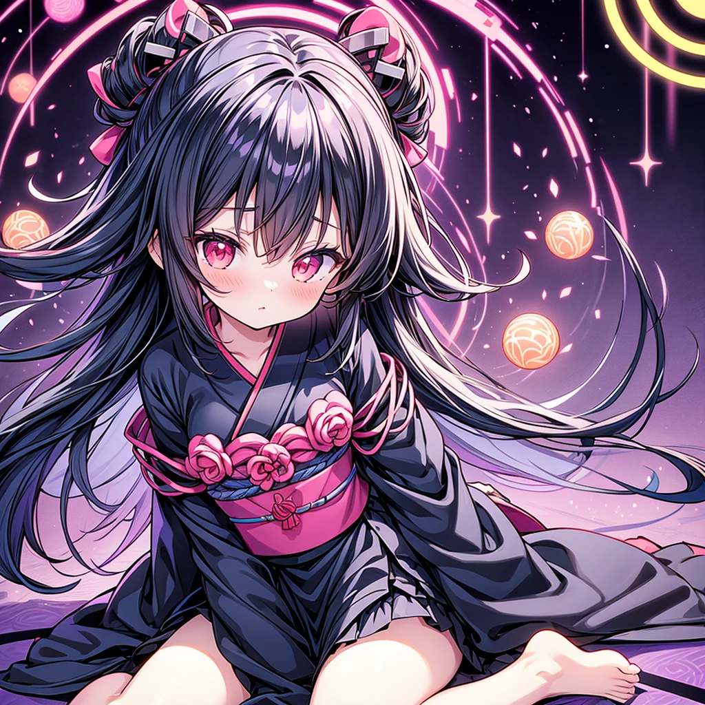 score_9, source_anime, anime_coloring, anime_screencap, 1girl, solo, black kimono \(glowing colorful rainbow zen tangle patterned\), black longhair, hime cut, long hair, sitting, wariza, leaning forward, holding gorgeous Japanese folding fan, sensu, slant red eyes, tsurime, soft smile, sword dance, head tilt, upper body, dark black background, simple background