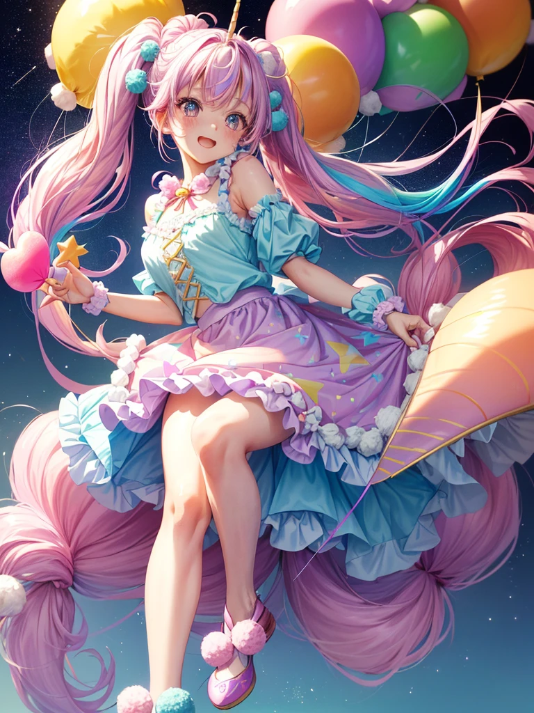 (whole body, legs and shoes visible: 1.2)) Expressive eyes, One girl, Pale skin, Long Hair, Windblown Hair, ((absurdly Long Hair)), Long Side Lock, Princess bangs, Hair bangs, Hair Bun, ((Very long twin tails)), Rainbow Hair, Light pink hair, blush, full face blush, big sparkling Pastel Purple eyes, (Gradient Eye), Laughing with your mouth open, cute pose, ((Holding a balloon : 1.3)) ((cute and pastel fashion)) ((🦄🎠🎈🎉 theme : 1.4)) A loose pastel dress, ((Dreamy multi-colored open dress)), (Floating ribbon), Lavender Frill, Pink frills, (Light blue lace), Removable short sleeves, Fluffy skirt, ((Rainbow and star printed skirt : 1.3)), Lolita Skirt, Purple ribbon, ((pom pom ribbon hair ornament : 1.4)), Multiple Bows, Striped lace stockings, (heart型のレッグガーター), cute (Pastel Purple) shoes ((Ultra-detailed clothing and fashion)) I&#39;m watching you, Vintage Girl, blush, (Beautiful attention to detail), (Highly detailed CG Unity 8k wallpaper) (Best Shadow), ((Very delicate and beautiful)), (Detailed light), ((Depth of written boundary)) Big Head, Big, bright eyes, Moe, Splash Art, Cinema Lighting, Front view, volumetric lighting maximalist photo illustration k resolution high resolution intricate detailed complex key visuals precise linear ((Dreamy pastel sky background, Surrounded by sunset clouds, shooting star, Castle above the clouds)) ((Ultra-detailed landscapes, Foggy clouds, Hung by balloons, heart : 1.3))