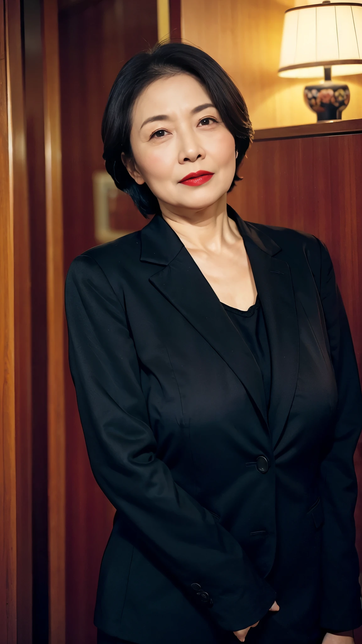 Masterpiece, ((Great focus)), gravure, 32K, Beautiful finish, Japanese, Beautiful mature woman、65-year-old woman、Photo of your ID、Big Breasts, Red lips, Thin lips, business suit、Round 1, Light from the front,
