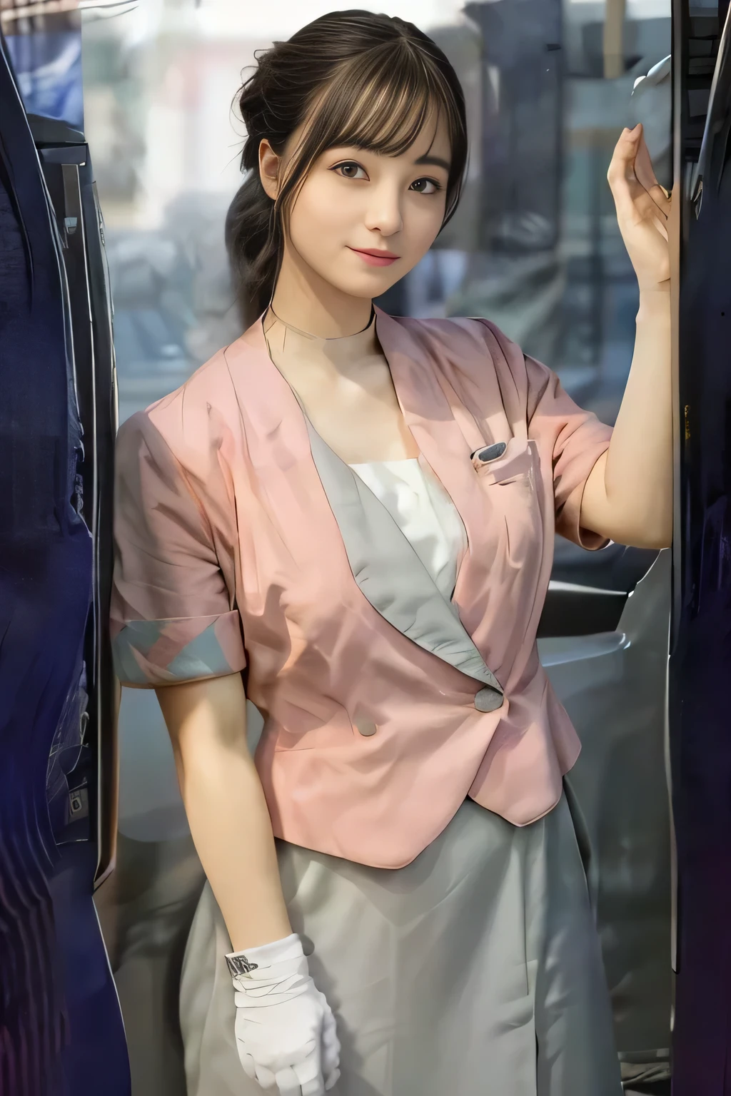 (masterpiece:1.2, Highest quality:1.2), 32k HDR, High resolution, (alone、1 girl)、（On the roof of a building in the daytime、Professional Lighting）、Building rooftop background、（Nankai train crew uniform pinkを着たリアルスタイル）、（Nankai Railway crew uniform, pink, short sleeve, collarless, pink jacket、No-collar short-sleeve blouse、Grey knee-length culottes）、（（The bottom of the pink short-sleeved jacket cannot be tucked into the clay-colored culottes..））、Dark brown hair、（Hair tied up、Bun Hair）、Dark brown hair、Long Shot、Big Breasts、Thin legs、（（Great hands：2.0）），（（Harmonious body proportions：1.5）），（（Normal limbs：2.0）），（（Normal finger：2.0）），（（Delicate eyes：2.0）），（（Normal eyes：2.0））)、smile、（A beautiful figure showing off the Nankai Railway crew uniform）、Bring your hands down