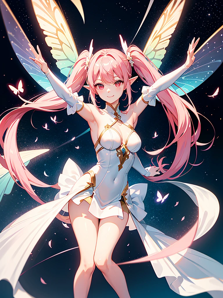 universe,Planet,a girl,Elf,Pink hair,long twintails,Red eyes,Sweet smile,white fashion clothing,Bare shoulders,((Wind flow)),((elegant clothes)),((transparent)),Butterfly wings,side,((dynamic poses)),twinkling,((Super detailed)),Rendering,movie lighting effects,best picture