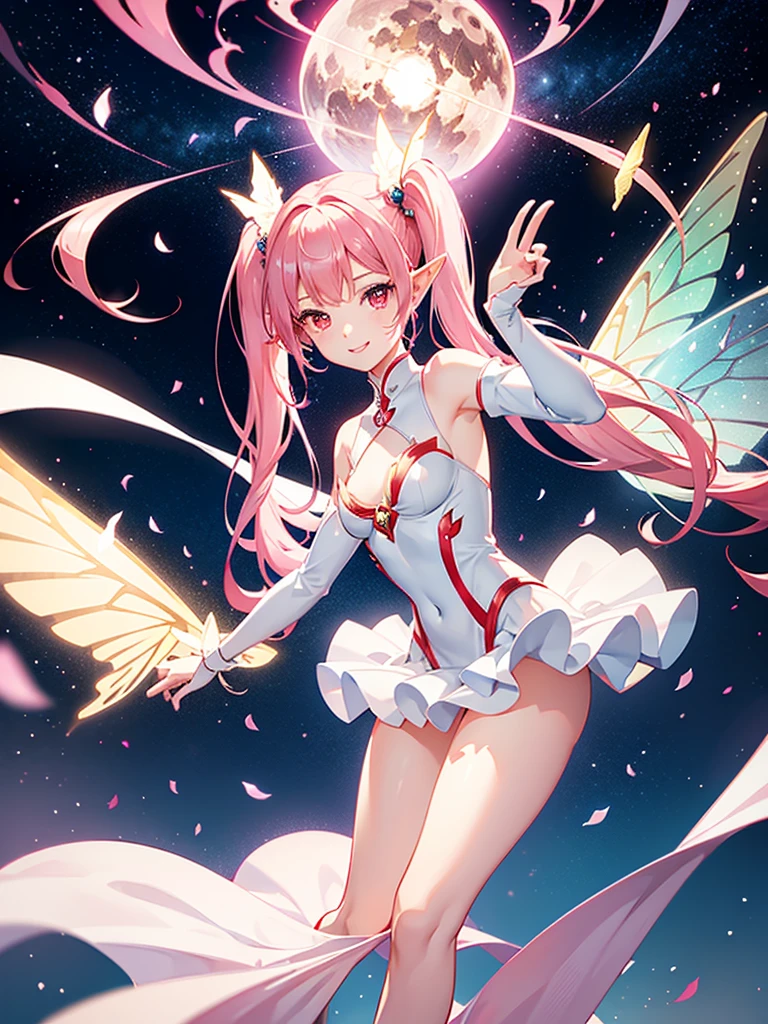 universe，Planet，a girl，Elf，Pink hair，long twintails，Red eyes，Sweet smile，white fashion clothing，Bare shoulders，((Wind flow))，((elegant clothes))，((transparent))，Butterfly wings，side，((dynamic poses))，twinkling，((Super detailed))，Rendering，movie lighting effects，best picture