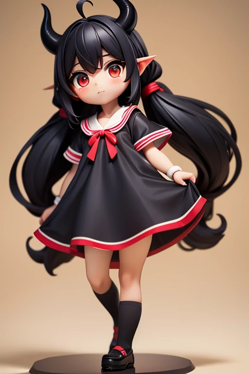 Young girl,,Wear a dress,Mini Characters,Red eyes,Black Hair,Long Hair,Dark atmosphere,Deformed Character,The horns grow,Ahoge,, Low twin tails