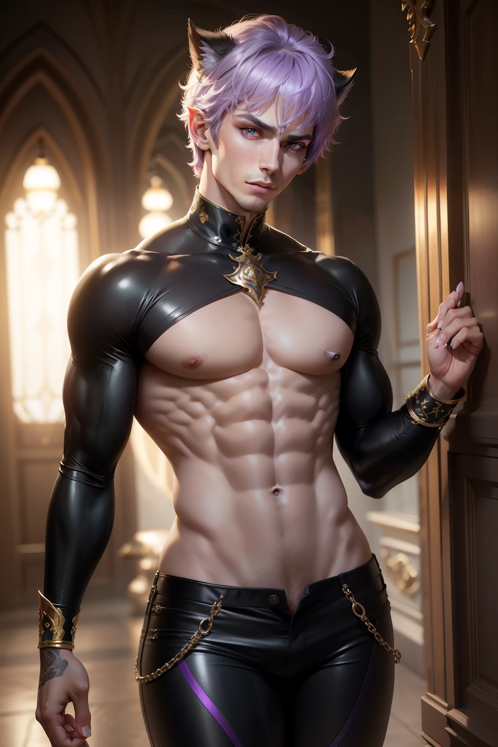 (8k,photorrealistic RAW photograph Maximum quality;1.4) (1 boy) super fluffy(lifelike face) (Short-haired lilac hair) slenderbody Muscular and macho big lilac eyes Black and lilac metallic aristocratic attire Golden decoration Fangs peeking out of the mouth Pointed claws a seductive gaze Beautiful expression A hyper-realistic (King of the Underworld) appealing (real looking skin) super high resolution high détail Luxurious black and lilac pants pointy ears