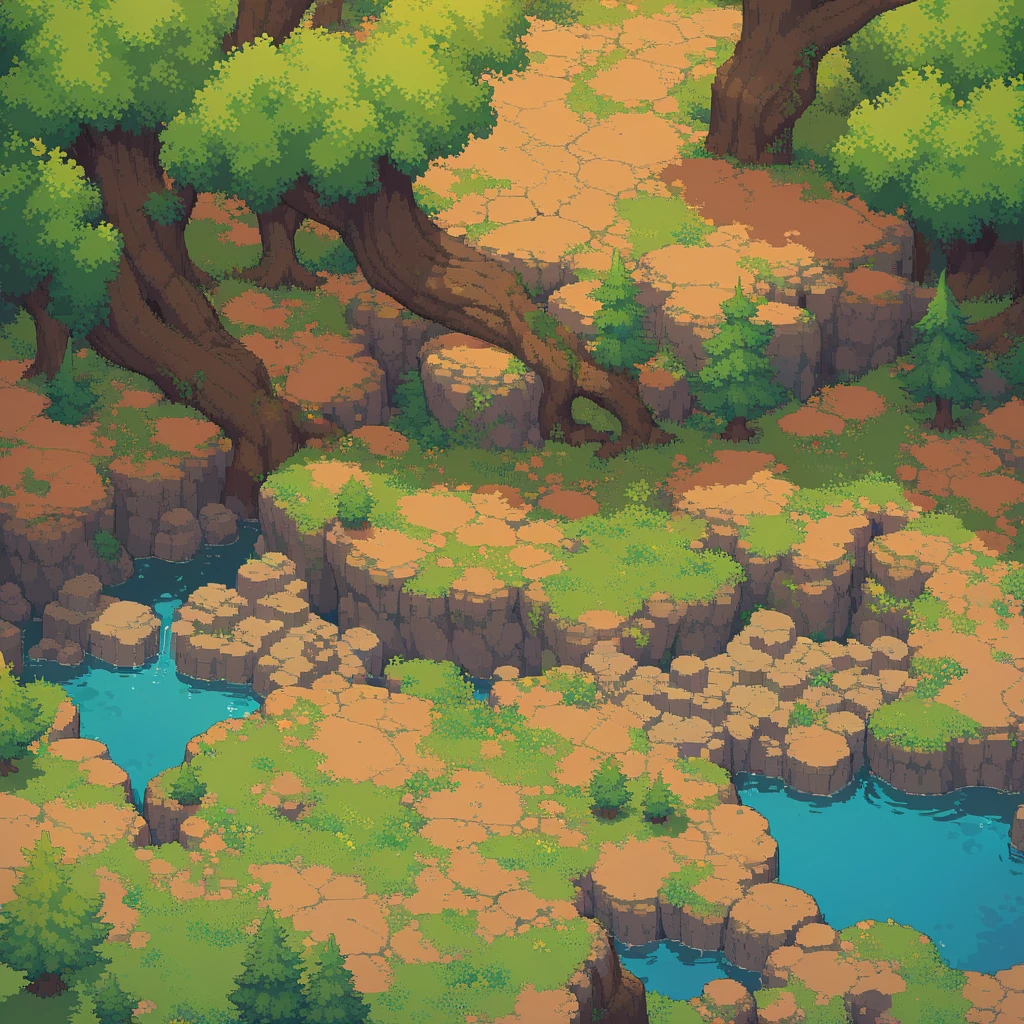 retro video game style,pixelated, vibrant colors,8-bit characters,blocky shapes,sharp lines,detailed shading,classic gaming vibe,nostalgic atmosphere,classic arcade games,masterpiece:1.2,ultra-detailed,illustration style, 2d texture, stone texture, 4 k seamless mud texture, video game texture, dirt texture, tileset, game tiles, grass, 3/4th perspective trees, 3/4th perspective tileable rock texture, 3/4th perspective tileable cliff formations, tileable trees, topdown view, game texture, game art, tileable texture, very detailed cliff texture, intricate stones, top down view, 3/4th perspective
