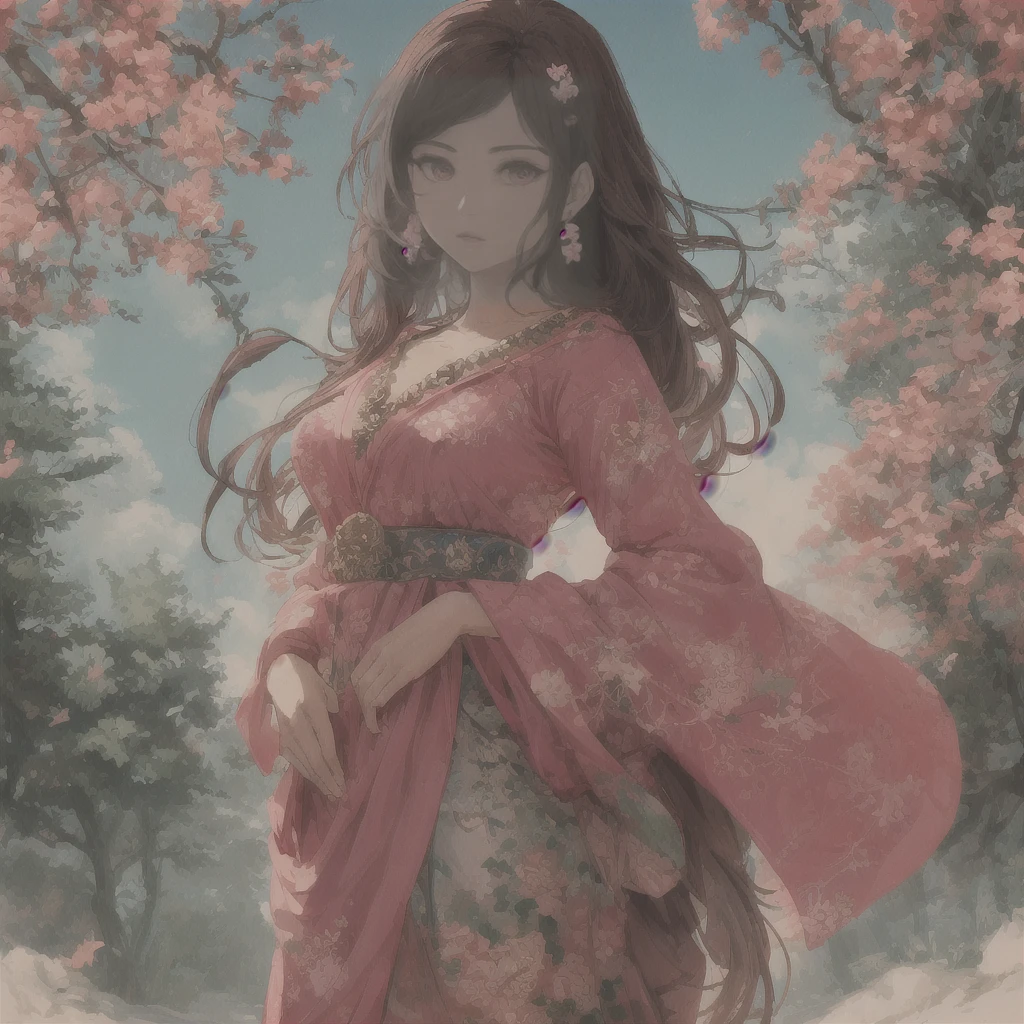 A beautiful anime girl in a pink sari, standing with a pretty pose, detailed face with beautiful dark red eyes, red lips with red lipstick, slightly brown hair with highlights and a pink flower on her ear, in front of red flowers on a tree with an open sky with clouds in the background, highly detailed, intricate anime style illustration, best quality, ultra-highres, 8k