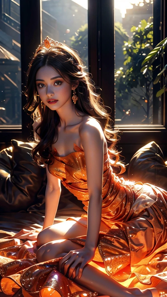 8K, UHD, Masterpiece, extreme quality, 1 girl, good face, detailed eyes, very long hair, detailed lips, small breasts, detailed empress fantasy dress, orange fantasy dress, ((glowing dress:1.4)), lace, (bare waist:1.5), flowing sardine, beautiful fantasy, fantasy empress, beautiful alluring Realistic art,  shining skin, in the balcony, Realistic shadow, depth of field, ray tracing, god rays, bloom, bokeh effect, upper body, sitting,