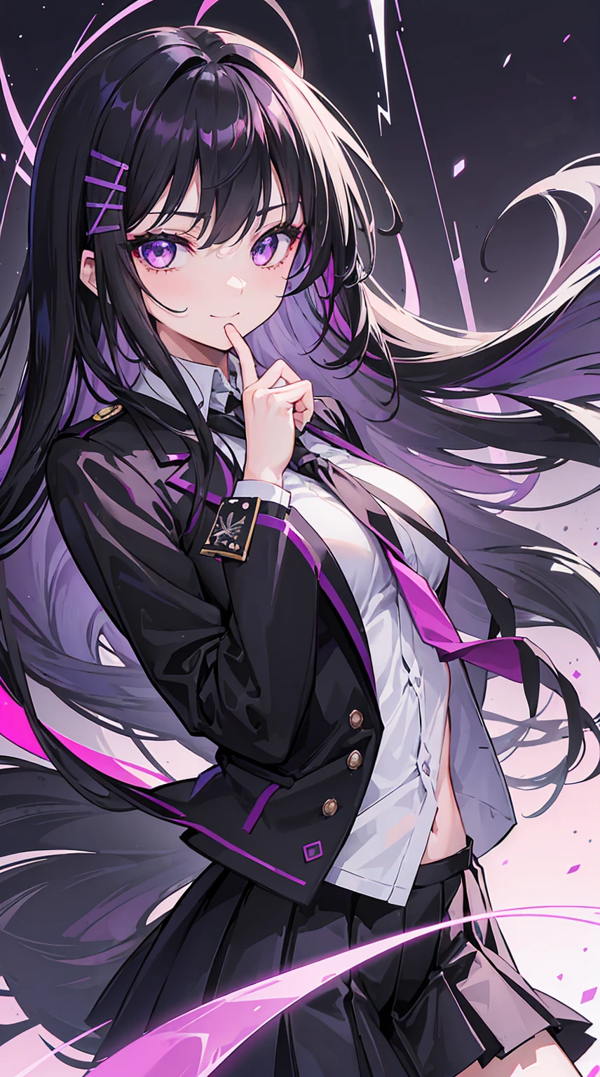 17yo girl, looking ahead with a sweet smile look with her amethyst purple eyes, black hair pin, rebellious look, dark and oppressive environment, hair tousled by the wind, dark black hair, hair bangs falling over the face, middle finger, 8k, HD, school girl uniform, red tie