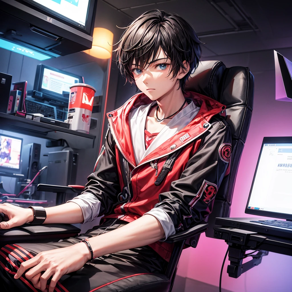 The image represents a young man in anime style, sitting on a gaming chair at a computer. Written on the chair in neon color "Fanikeers". There are machine guns in the room, and the lighting is red. Young man looking at the computer, sitting like this, so that only his back is visible.