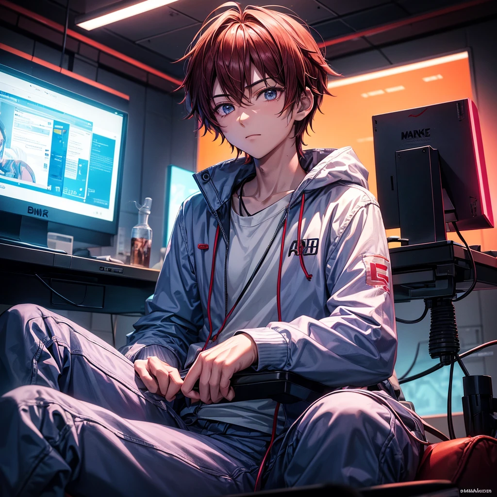 The image represents a young man in anime style, sitting on a gaming chair at a computer. Written on the chair in neon color "Fanikeers". There are machine guns in the room, and the lighting is red. Young man looking at the computer, sitting like this, so that only his back is visible.