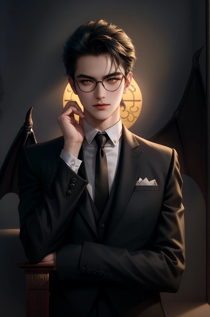 (masterpiece,best quality,ultra_detailed,highres,absurdres) (detailed shadow) (quality light),1 mature male, 21 years old, korean male focus, solo, mid-length black hair, (yellow eyes), ancient temple background, full body, looking at viewer, parted lips, round eyewear, (wearing black suit with tie), (wearing thin glasses), showing a bit of muscles, devilish smirk face, ((has one gigantic devil's wing covering left arm))