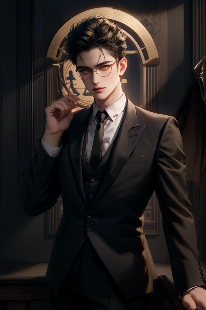 (masterpiece,best quality,ultra_detailed,highres,absurdres) (detailed shadow) (quality light),1 mature male, 21 years old, korean male focus, solo, mid-length black hair, (yellow eyes), ancient temple background, full body, looking at viewer, parted lips, round eyewear, (wearing black suit with tie), (wearing thin glasses), showing a bit of muscles, devilish smirk face, ((has one gigantic devil's wing covering left arm))
