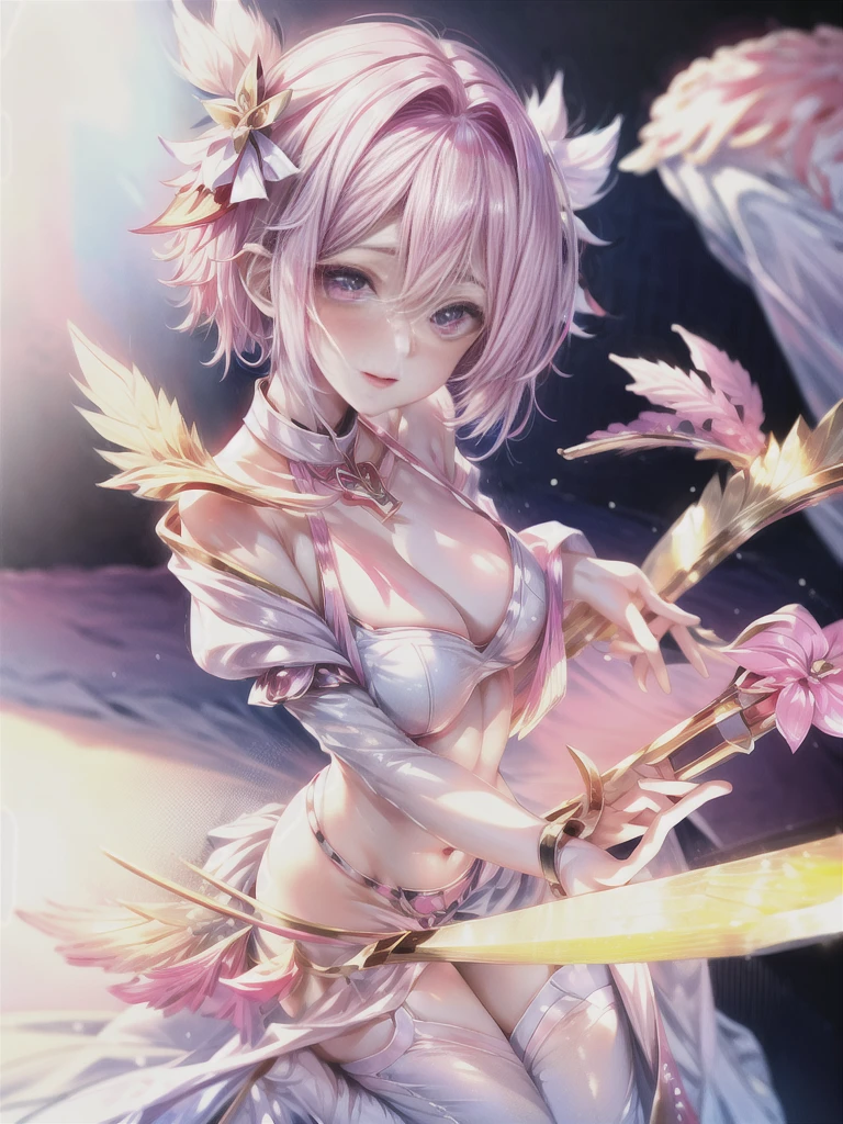 Transparent pink short hair,Wear a milky super light pink ,Pale pink eyes,Very cute sweet girl,Beautiful fingers,Pale skin,