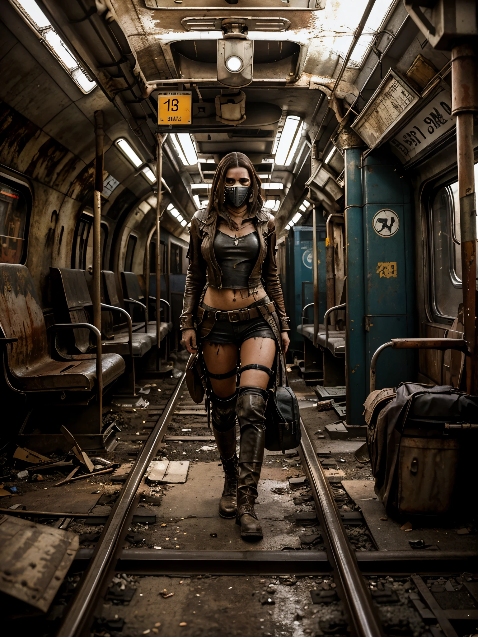 Create a diagonal and faithful image of a sad girl in torn clothes and dirty 18 year old madmax style wearing a big backpack on her back and leaning next to a long rusty and dirty subway train with METAL spikes around it in the closed underground, she is wearing an old gas mask, armored train and in ruins, there are MANY SPOTS AROUND the train bodywork. front with a broken metal grille with several rusty spikes and blood-stained anti-zombie spikes; military style train with modifications and protection with metal plates, railings around the train, the train is in the abandoned private station underground and dirty in ruins underneath the post-apocalyptic ultra futuristic Manhattan American city center, there is vegetation growing in the corners of the walls in the season, there is debris lying on the train tracks, trem steampunk, dramatic art, dieselpunk art style, apocalyptic road warrior vibe, surreal digital art, mad max inspired, heavy metallic artwork, chrome grille symmetry, arte steampunk digital, It&#39;s not the Mad Max style, metallic art, is not Filip Hodas; artwork style, steampunk digital art, dieselpunk, in a hightech world, photo on the diagonal, high qualiy, 8k, extremely detaild, as realistic as possible, the highest possible quality.