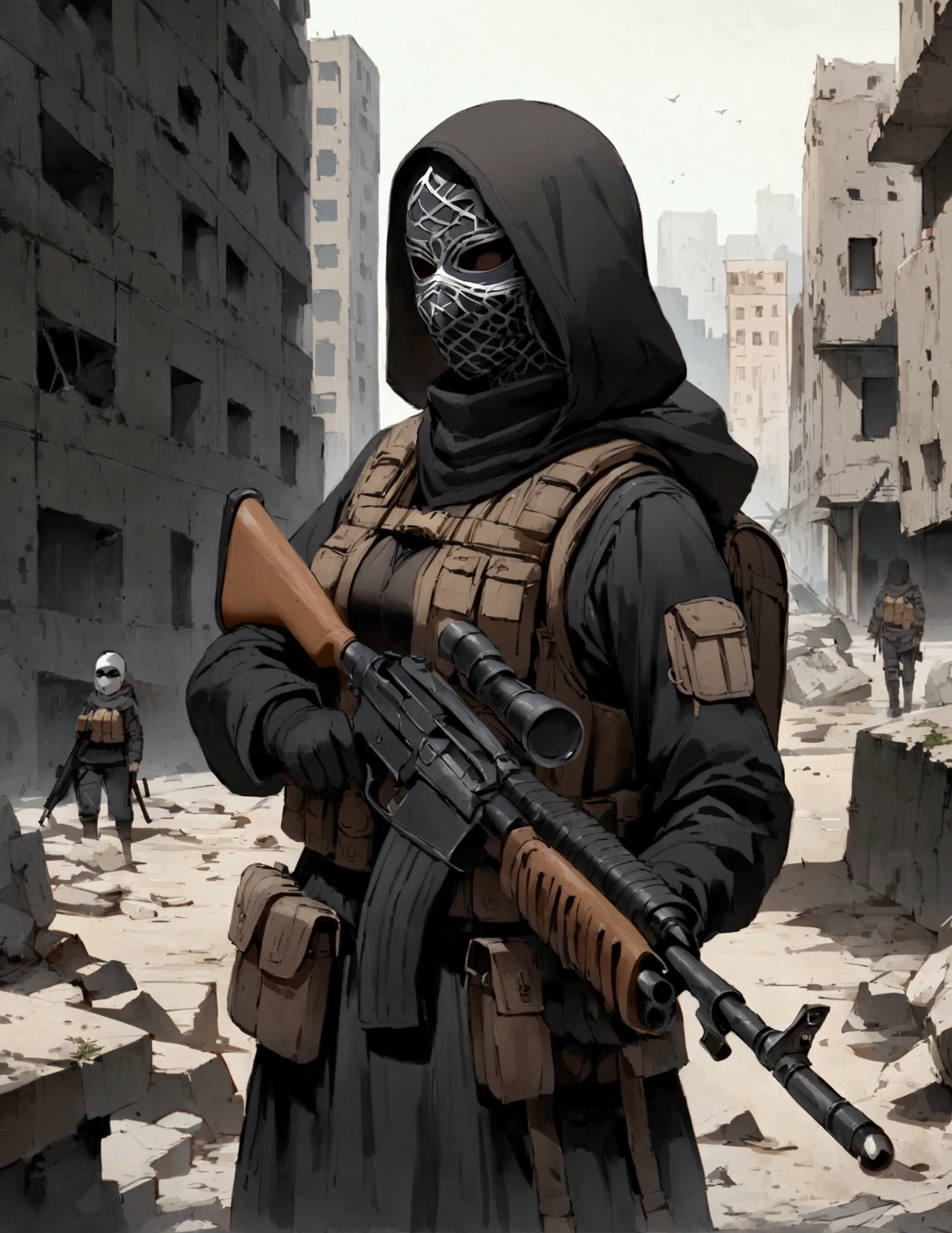 Female, hooded female, masked, hidden face, balaclava, balaclava female, rags short cloak, black Parka, closed parka, bandolier, post apoclayptic, in a city ruins, post apocalyptic, dark clothing. Tactical gear, tactical vest, backpack, holding a rifle