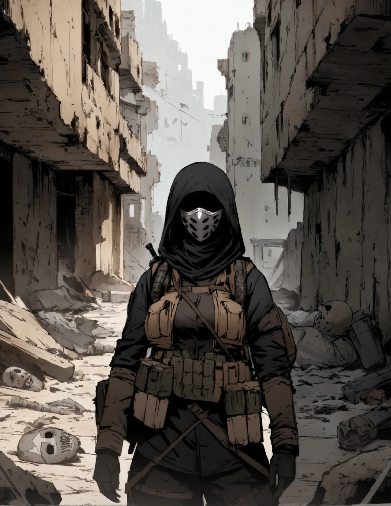 Female, hooded female, masked, hidden face, balaclava, balaclava female, rags short cloak, black Parka, closed parka, bandolier, post apoclayptic, in a city ruins, post apocalyptic, dark clothing. Tactical gear, tactical vest, backpack, holding a rifle