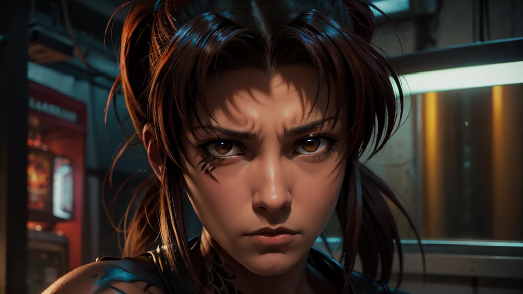 Revy from black lagoon, neon lights, The artwork is rendered in an edgy and realistic style, with high attention to detail and sharp focus. The colors are vivid and contrasted, with a slight desaturation to create a moody atmosphere. shadowy highlights enhancing the overall composition. The medium used is a digital illustration, with a touch of photo-realistic elements to add depth and texture to the image. The final result is a masterpiece in ultra-high resolution,