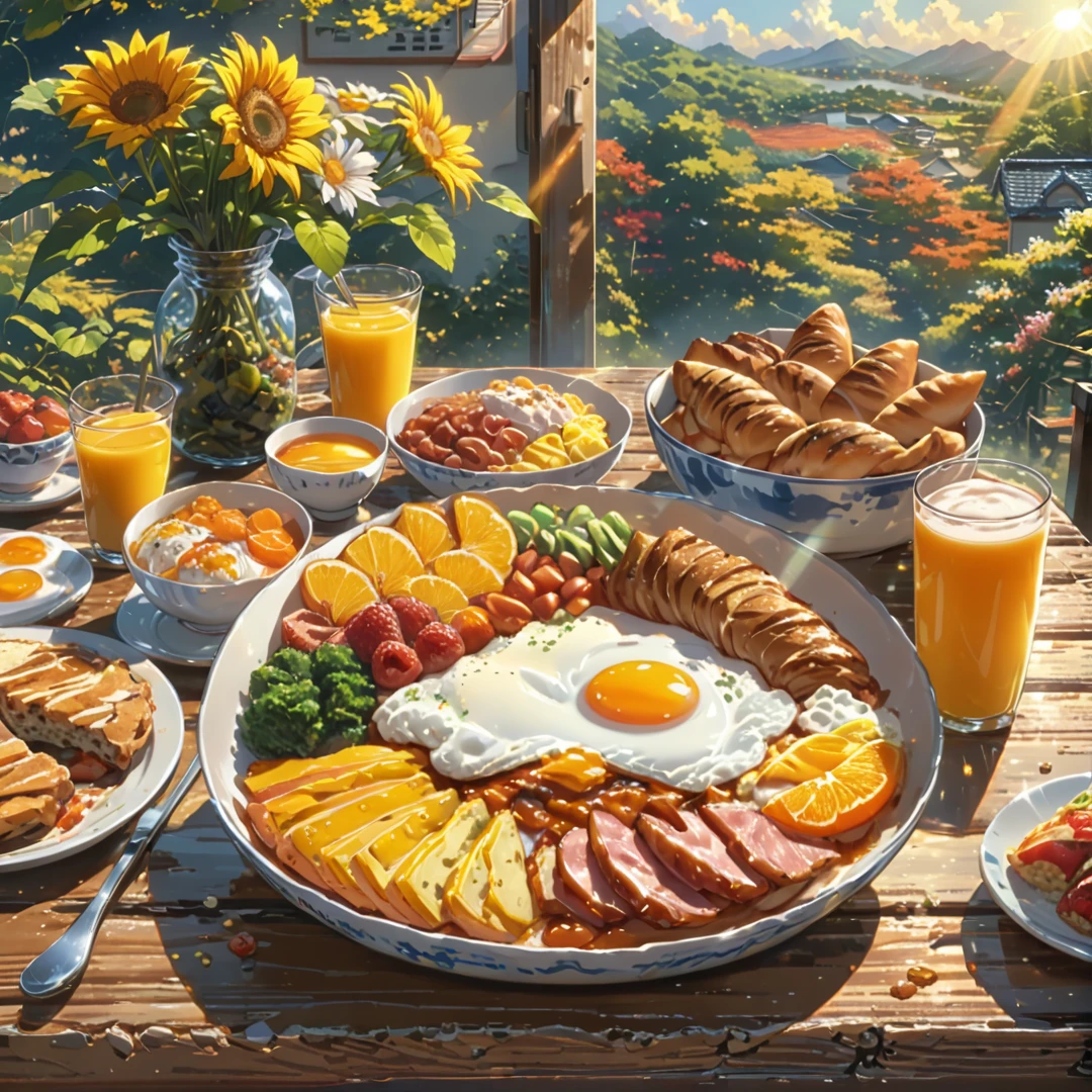 eating breakfast, good scenery, smooth hands, happy, beautiful sunshine, best food, anime style, masterpiece, UHD, accurate, high quality, high details, super detail, award winning, best quality, 16k
