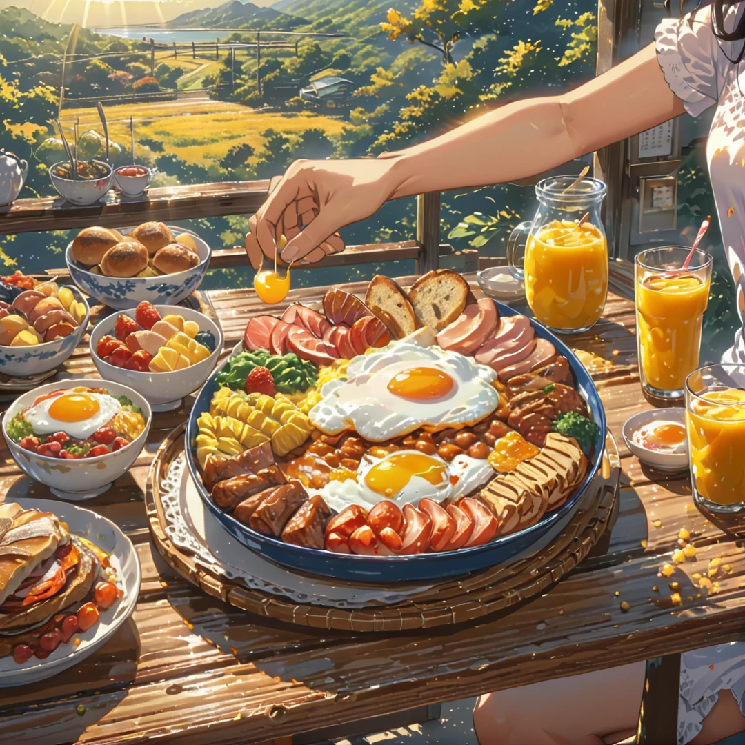 
eating breakfast, good scenery, smooth hands, happy, beautiful sunshine, best food, anime style, masterpiece, UHD, accurate, high quality, high details, super detail, award winning, best quality, 16k